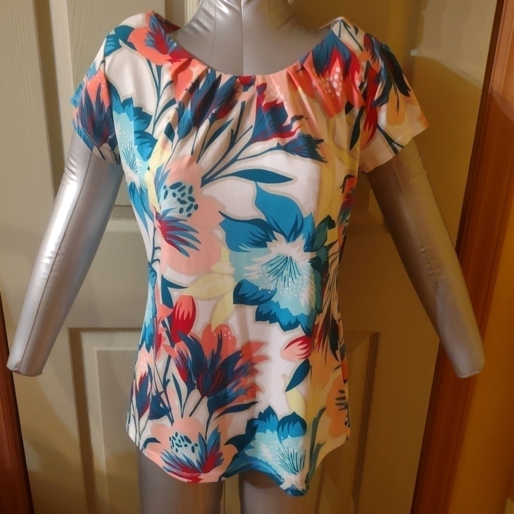 Worthington Women Petite P/m  Floral Work Blouse Short Sleeve Business Apparel
